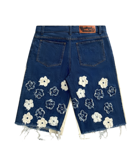 "distressed bloom jorts" (dark blue)