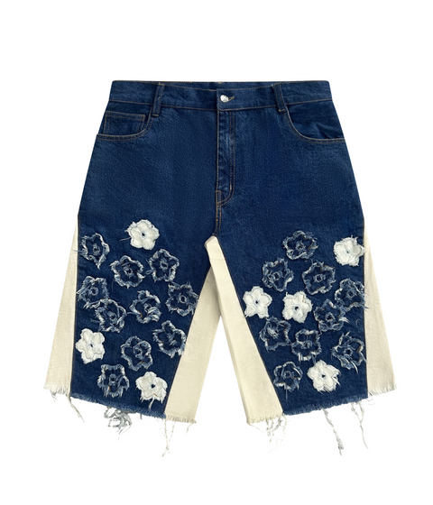 "distressed bloom jorts" (dark blue)