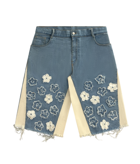 "distressed bloom jorts" (light blue)